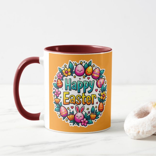 Happy Easter – Cute Bunny Lettering caneca Mug (With Donut)