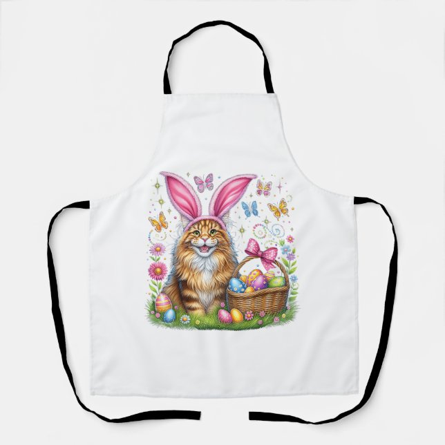 Happy Easter Cute Bunny Maine Coon Cat Easter Eggs Apron (Front)