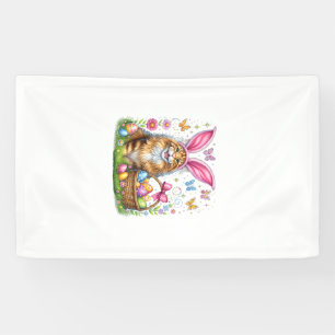Happy Easter Cute Bunny Maine Coon Cat Easter Eggs Banner