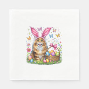 Happy Easter Cute Bunny Maine Coon Cat Easter Eggs Napkin