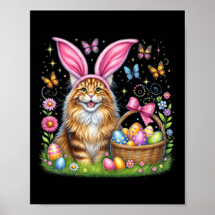 Happy Easter Cute Bunny Maine Coon Cat Easter Eggs Poster