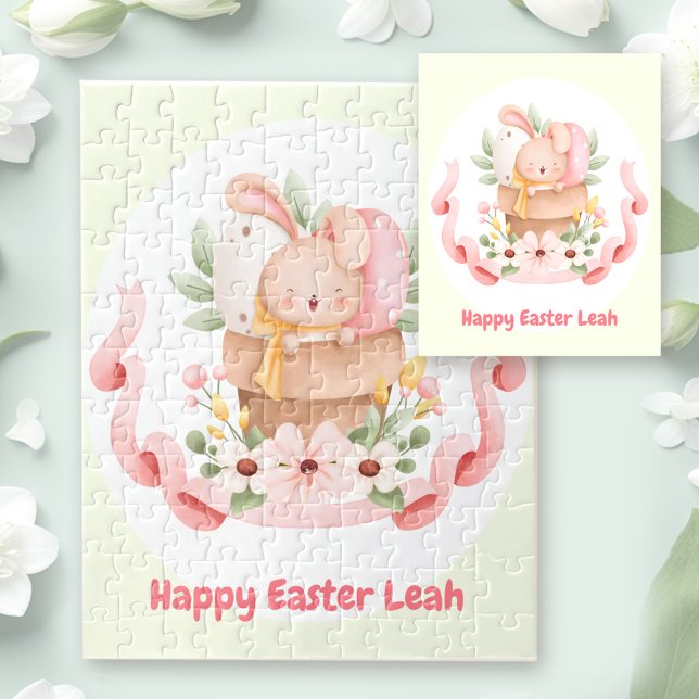 Happy Easter Cute Bunny Personalised Name Girl Jigsaw Puzzle (Happy Easter Cute Bunny Personalized Name Girl Jigsaw Puzzle)