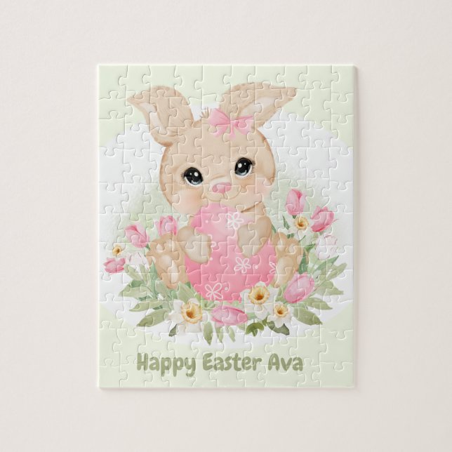 Happy Easter Cute Bunny Pink Egg Personalised Name Jigsaw Puzzle (Vertical)