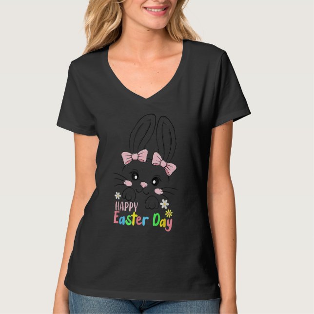 Happy Easter Cute Bunny Rabbit Bow Tie Girls Women T-Shirt (Front)