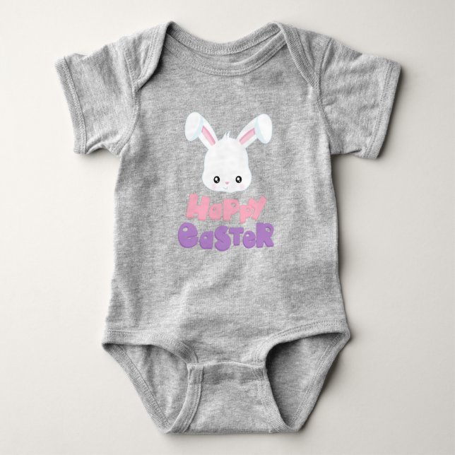 Happy Easter, Cute Bunny, White Bunny, Rabbit Baby Bodysuit (Front)