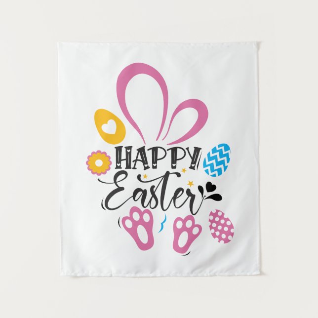 Happy Easter Cute Bunny With Easter Eggs Tapestry (Front)