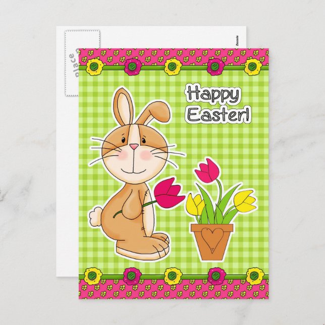 Happy Easter. Cute Bunny with Tulips Holiday Postcard (Front/Back)