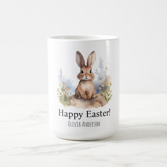 Happy Easter Cute Bunny with Yellow Flowers Coffee Mug (Center)