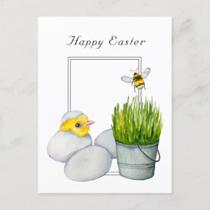 Happy Easter, cute chick and bumblebee Postcard
