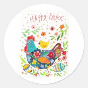 Happy easter, cute chicken and egg classic round sticker