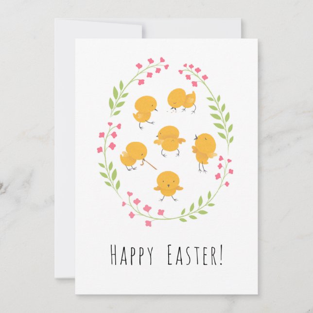 Happy Easter Cute Chicks Floral Egg Wreath Card (Front)