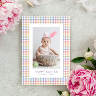 Happy Easter cute colourful plaid one photo Holiday Card