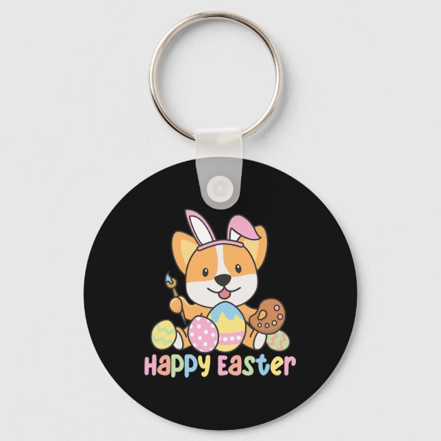 Happy Easter Cute Corgi At Easter With Easter Eggs Key Ring (Front)