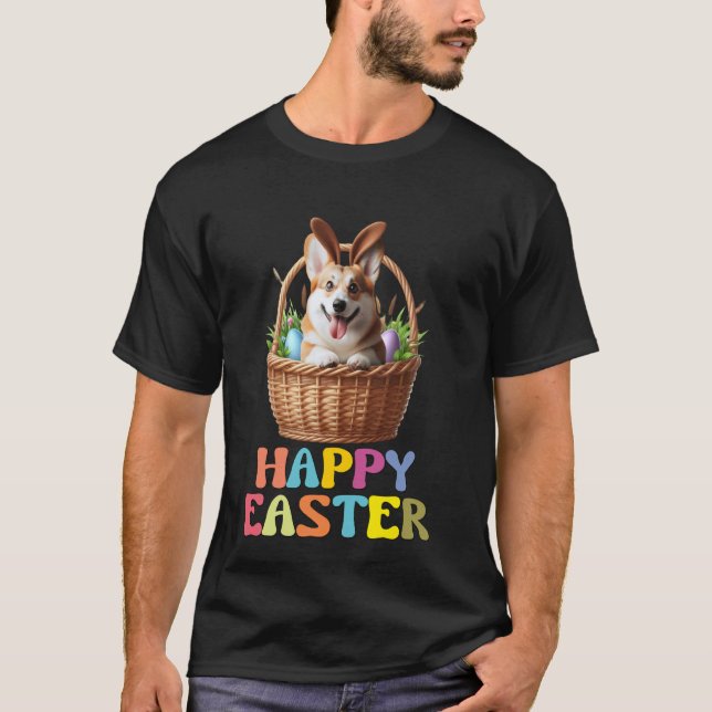 Happy Easter Cute Corgi Basket Design Fun T-Shirt (Front)