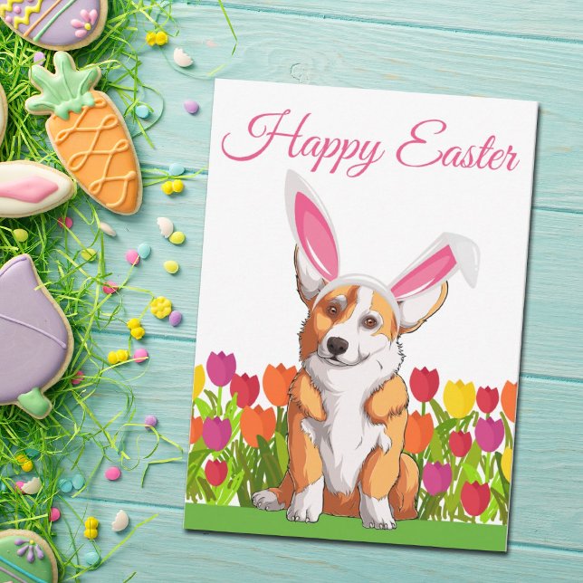Happy Easter Cute Corgi Bunny Floral Custom Card (Creator Uploaded)