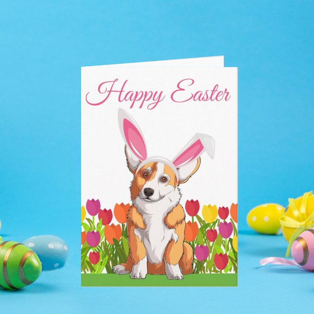 Happy Easter Cute Corgi Easter Bunny Flowers Card (Creator Uploaded)