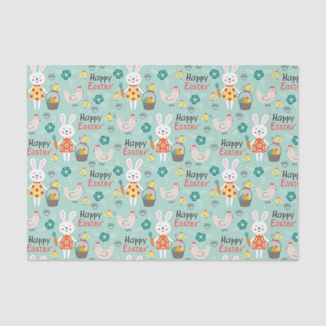 Happy Easter | Cute Easter Rabbits Pattern - Green Tissue Paper (Front)