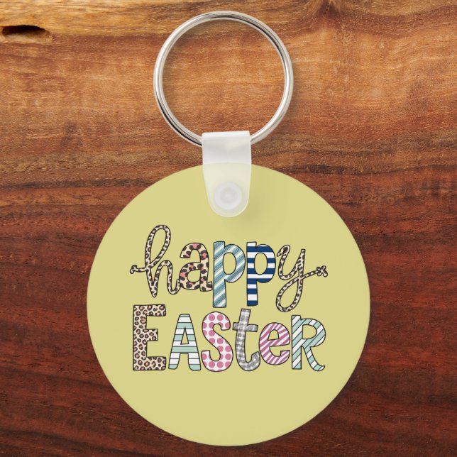 Happy Easter Cute Floral Bunny Spring Leopard Key Ring (Front)