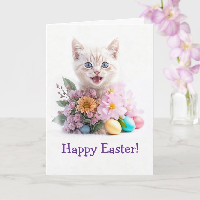Happy Easter Cute Ginger Kitten in Flowers  Card (Orchid)