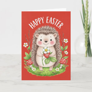 Happy Easter Cute Hedgehog Holding Strawberry  Card