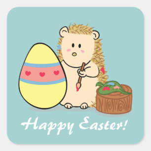 Happy Easter Cute Hedgehog Painting Egg Square Sticker