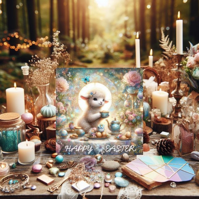 Happy Easter Cute Lamb Tea Party Christian  Holiday Card (Creator Uploaded)