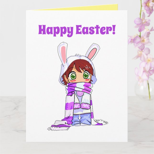 Happy Easter Cute Manga Bunny Girl Cartoon Card (Orchid)