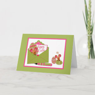 Happy Easter, Cute Mice, Green Pink Polka Dots Holiday Card