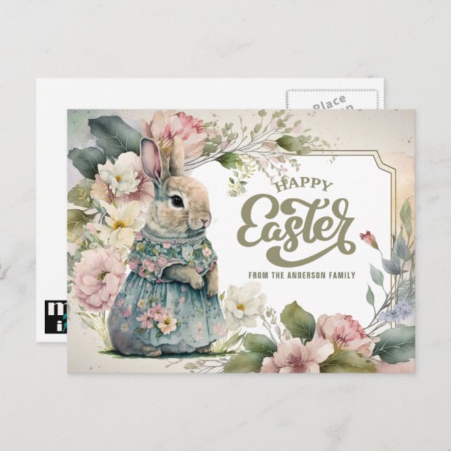 Happy Easter. Cute Old-Fashioned Bunny Holiday Postcard (Front/Back)