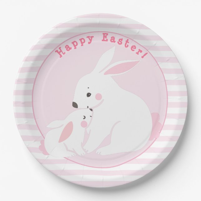 Happy Easter! Cute Pink Bunnies Paper Plates (Front)