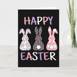 Happy Easter Cute Pink Leopard Plaid Flower Bunny Card