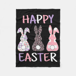 Happy Easter Cute Pink Leopard Plaid Flower Bunny  Fleece Blanket