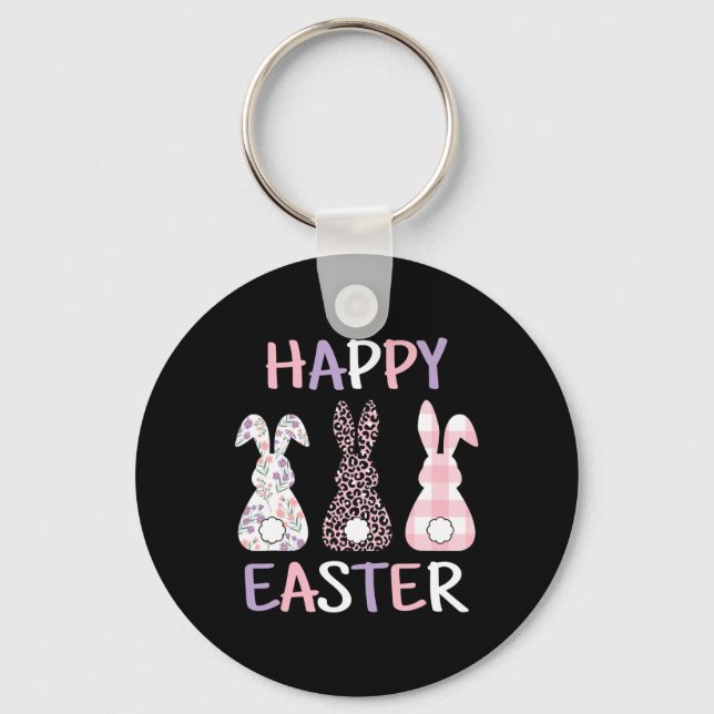 Happy Easter Cute Pink Leopard Plaid Flower Bunny  Key Ring (Front)