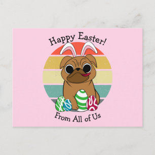 Happy Easter Cute Pug w Bunny Ears & Colourful Egg Postcard