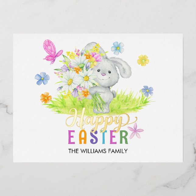 Happy Easter Cute Rabbit Bouquet Spring Flowers Foil Holiday Postcard (Front)