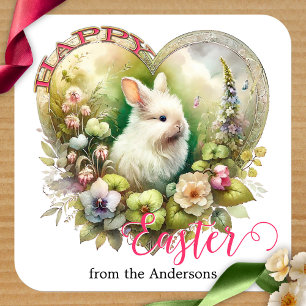 Happy Easter Cute Watercolor Bunny Floral  Square Sticker