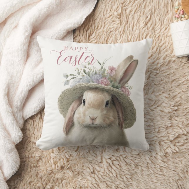 Happy Easter Cute Watercolor Floral Bunny Rabbit Cushion (Blanket)