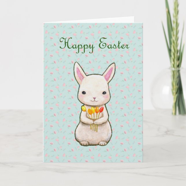 Happy Easter Cute white Bunny with flowers Spring Card (Front)