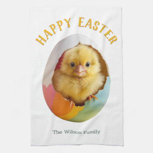 Happy Easter Cute Yellow Chick Egg Personalised Tea Towel