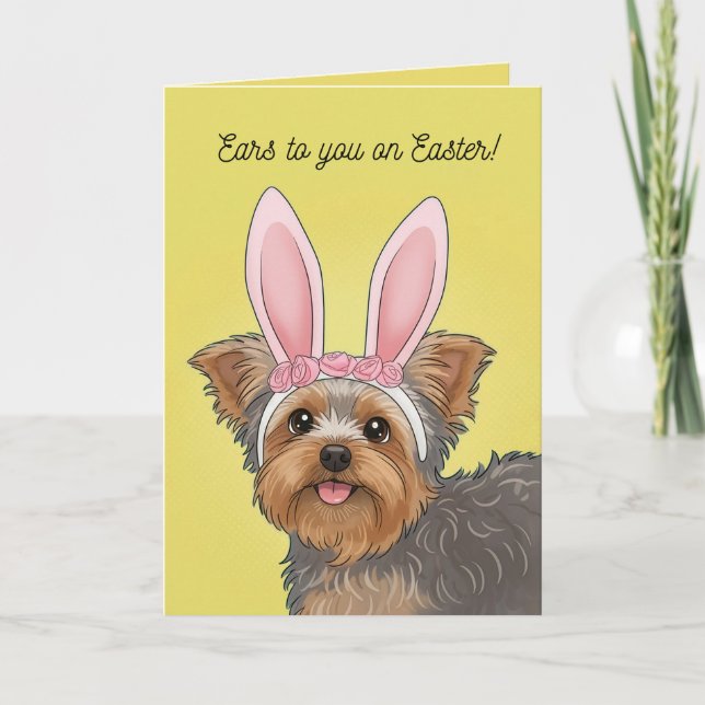 Happy Easter Cute Yorkie Dog in Bunny Ears Holiday Card (Front)