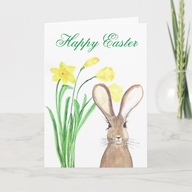Happy Easter Daffodil Floral Bunny Rabbit Holiday Card (Front)
