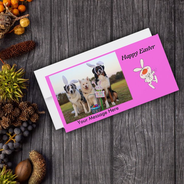 Happy Easter Dancing Cute White Rabbit Holiday Card (Photo Easter greeting card upload your own photo.  Cute cartoon white Easter bunny on bright pink.)