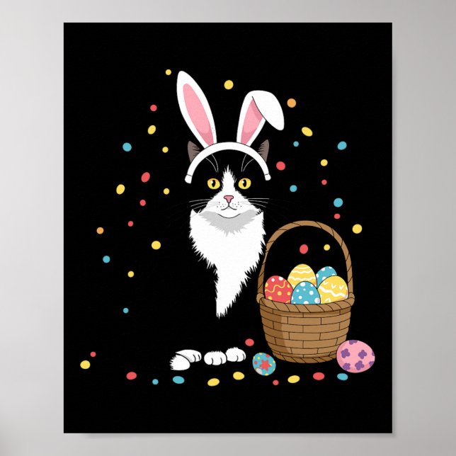 Happy Easter Day Black Cat Rabbit Ears Easter Eggs Poster (Front)
