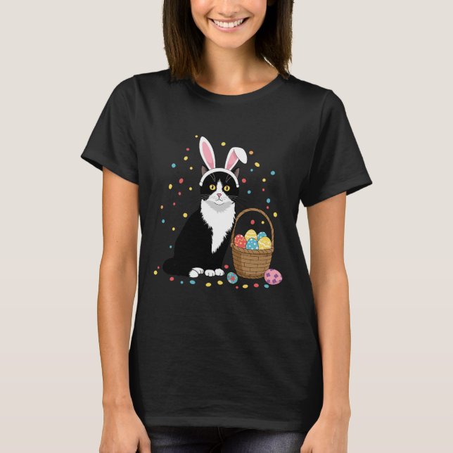 Happy Easter Day Black Cat Rabbit Ears Easter Eggs T-Shirt (Front)