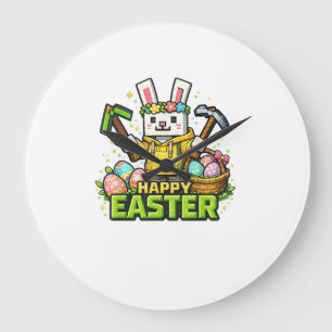 Happy Easter Day Bunny Egg Gamer Video Game Kids M Large Clock