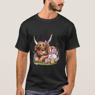 Happy Easter Day Bunny Highland Cow Retro Farmer W T-Shirt