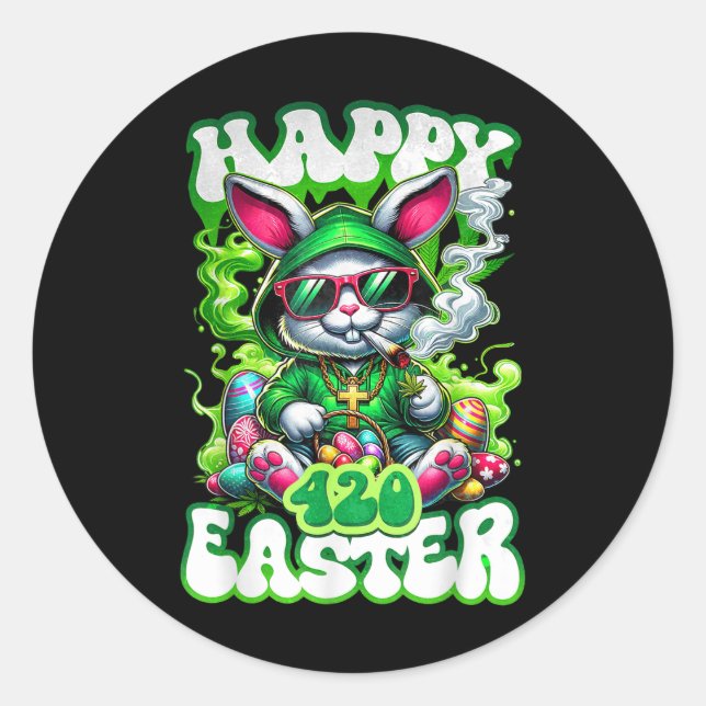 Happy Easter Day Bunny Smoking Weed Funny  Classic Round Sticker (Front)
