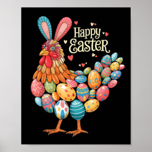 Happy Easter Day Chicken Bunnies Colourful Eggs Fa Poster