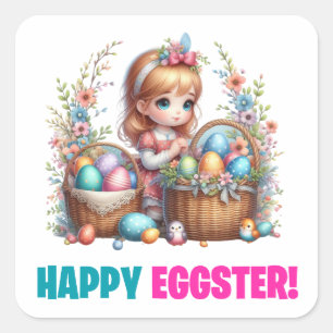 Happy Easter Day - Cute Baby Rabbit Square Sticker