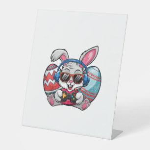 Happy Easter Day Cute Bunny Playing Video Game Kid Pedestal Sign